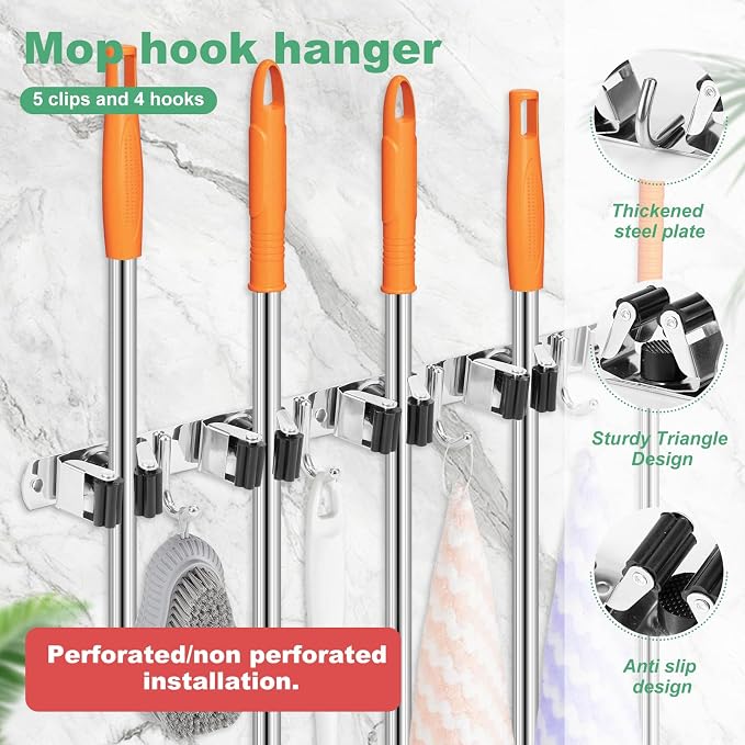 3 Pack Broom Holder Wall Mount 5 Racks 4 Hooks Stainless Steel Broom Mop Holder - Image 3