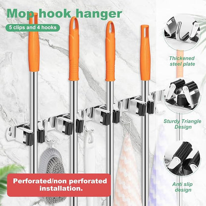 2 Pack Broom Holder Wall Mount 5 Racks 4 Hooks Stainless Steel Broom Mop Holder - Image 3