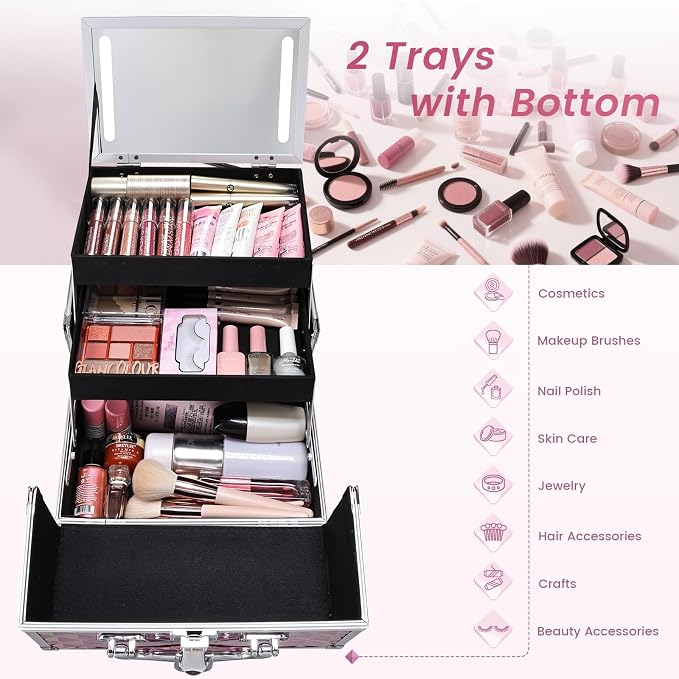 Makeup Case with Lighted Mirror Travel Makeup Organizer Box 2 Trays Lockable - Image 2
