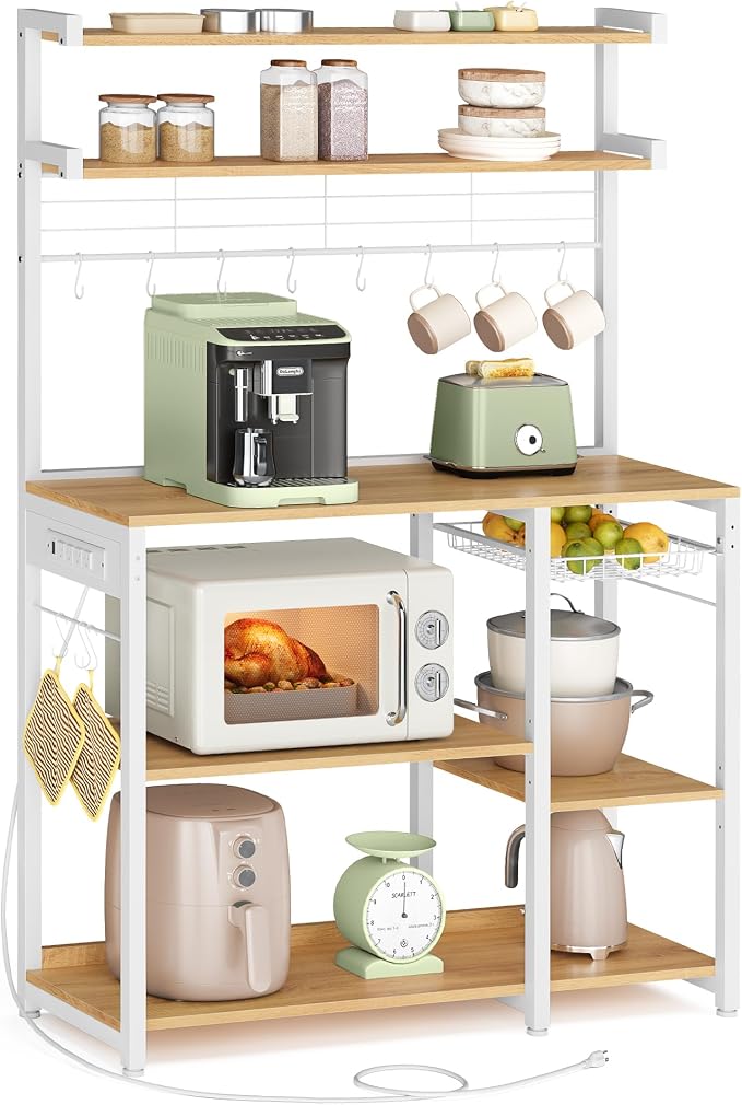 VASAGLE Bakers Rack with Power Outlet, 35.4 Inches Microwave Stand, Coffee Bar by VASAGLEbySONGMICSHOME