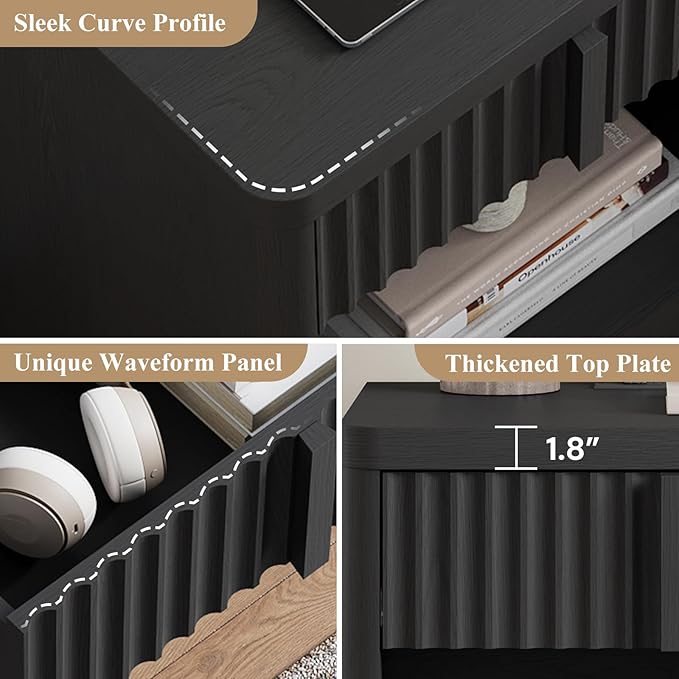 Fluted Nightstand with Charging Station, 23.6" End Table with Solid Wood Handle - Image 6