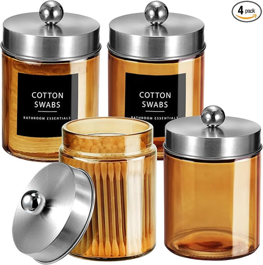 Amolliar Bronze Glass Apothecary Jar, Qtip Holder Metal Lid & Stickers by Amolliar