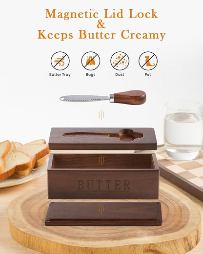 Butter Dish with Magnetic Lid, Acacia Wood Butter Keeper With Knife, Detachable - Image 2