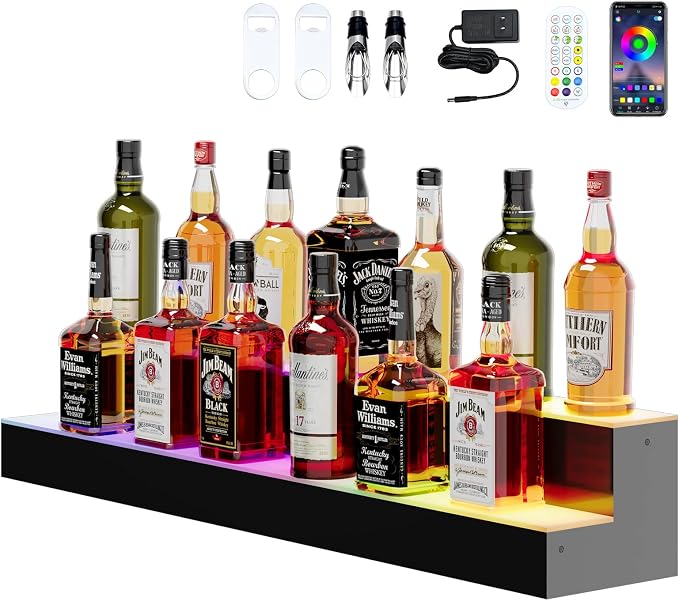 Dethan 2 Tier 48 Inch LED Lighted Liquor Bottle Display Shelf by ProfessionalAcrylicFactory