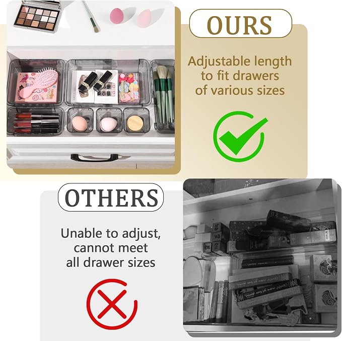 14 Pcs Adjustable Clear Drawer Organizer, Extendable Vanity Storage Bins - Image 3