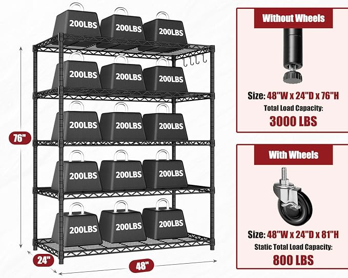 PrimeZone 2 Packs 48" W x 24" D x 81" H Heavy Duty Wire Storage Shelves - Image 3
