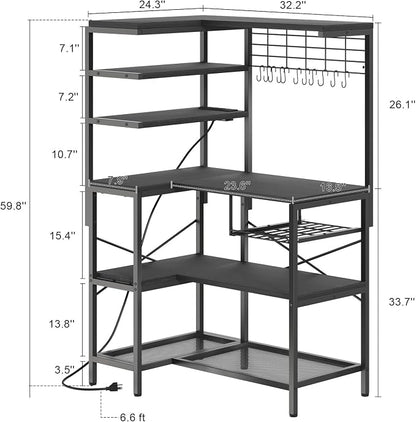 L-Shaped Bakers Rack with Power Outlet, 6-Tier Microwave Stand with Open Storage - Image 3