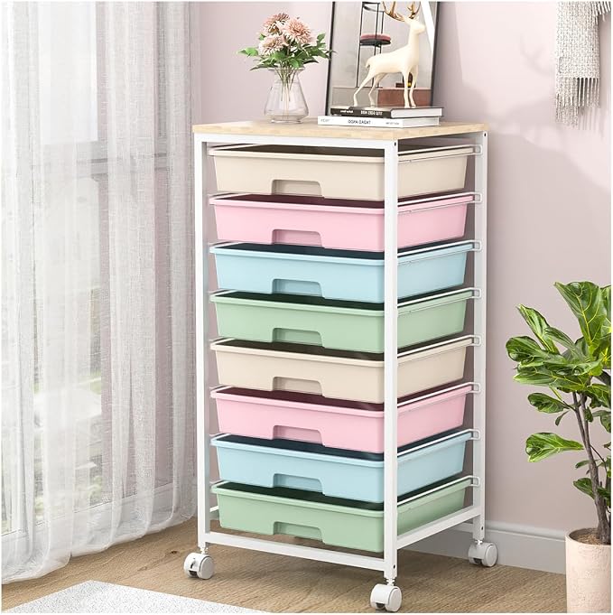 Rolling Storage Cart with Drawers, Utility Cart With 8 Drawers and Wooden by SYKIARIOL
