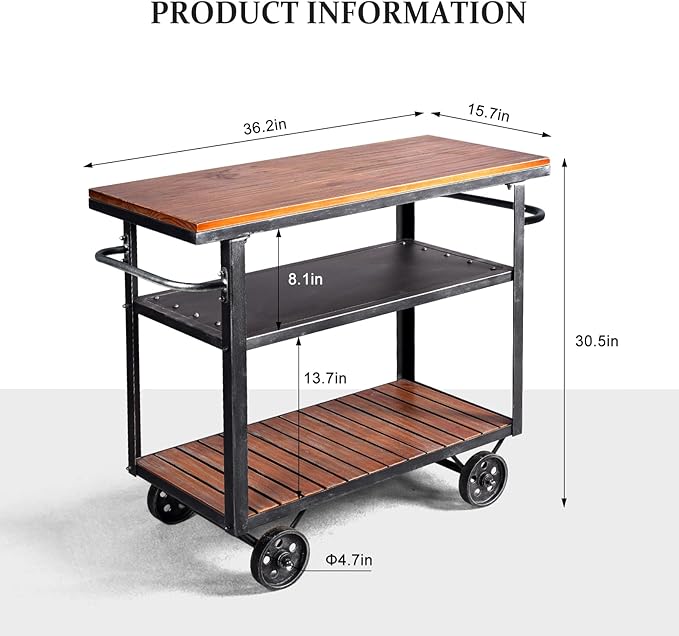 Diwhy Industrial 3 Tier Rolling Utility Storage Cart Wine Beverage, Metal Wine - Image 2