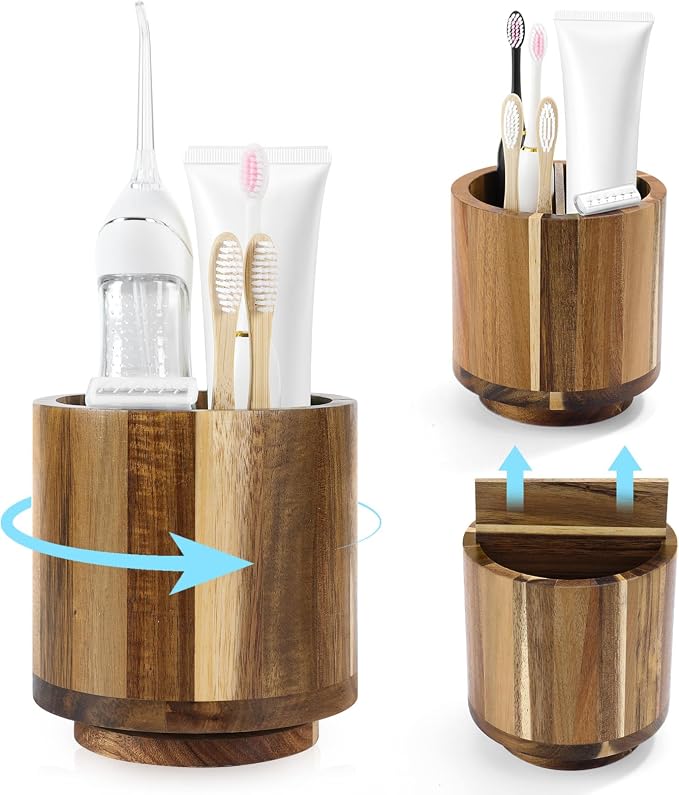 Toothbrush Holders for Bathrooms, Toothbrush Cup, Wooden Bathroom Cup by UJQSUN