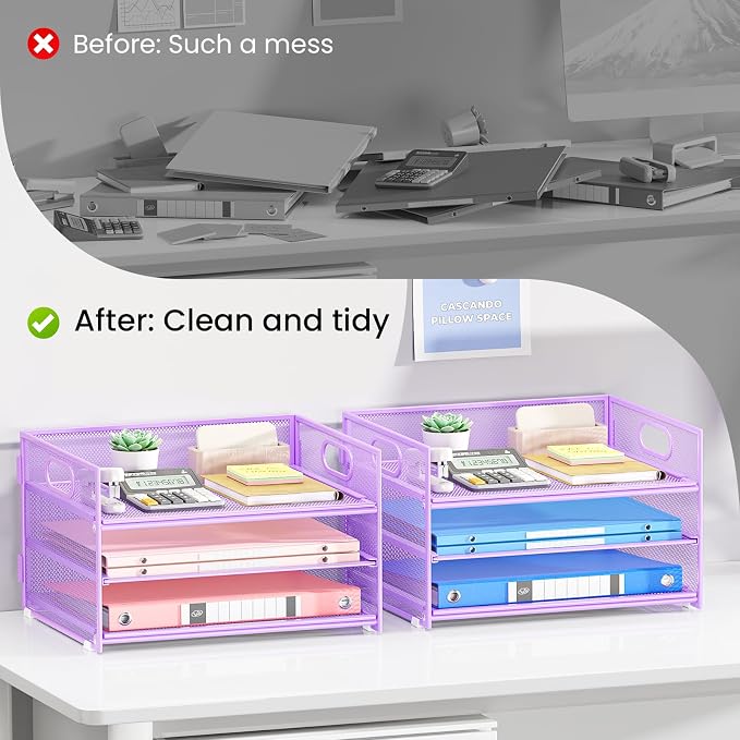 Subekyu 2-Pack 3-Tier Purple Metal Mesh Desk Paper Letter Tray & File Sorter - Image 2
