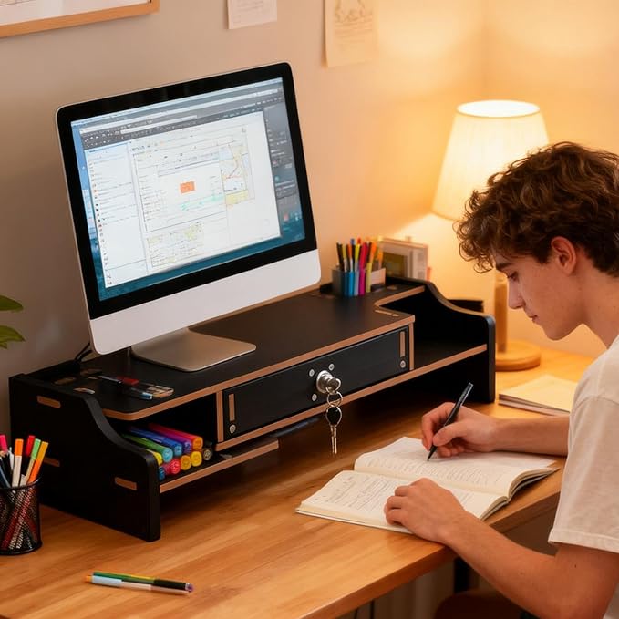 Desktop Computer Elevated Stand 48.8x20x10.5cm, Wooden Monitor Riser - Image 6