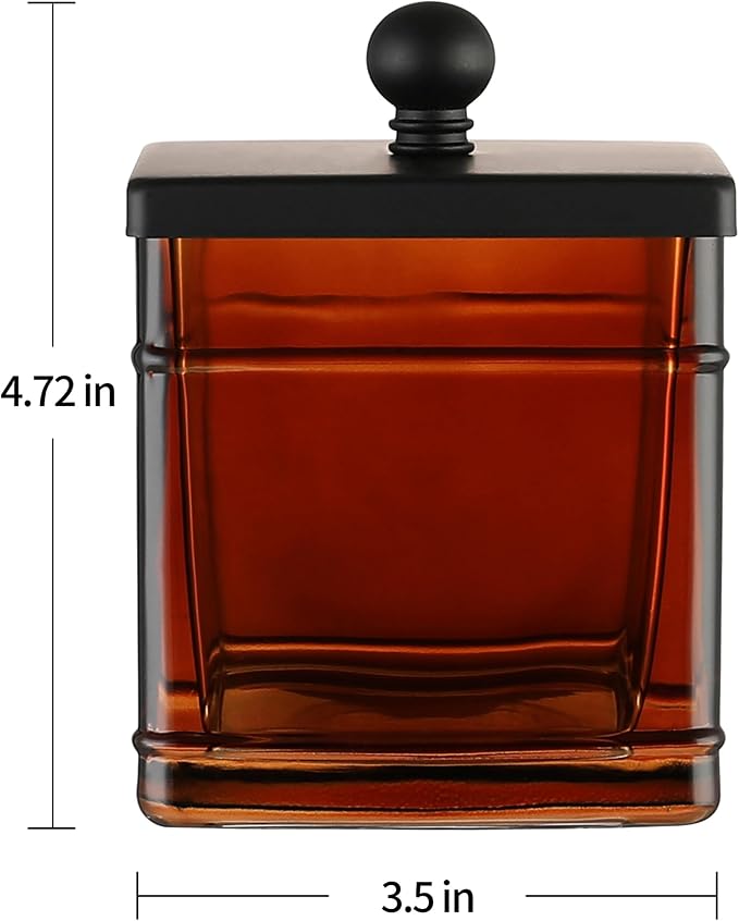 Amber Glass Cotton Jar Holder – Black Lid Elegant Bathroom Storage Canister - Image 2