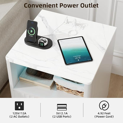 VOWNER Fluted Nightstand with Charging Station, 18” Night Stand with 2 Drawers - Image 3
