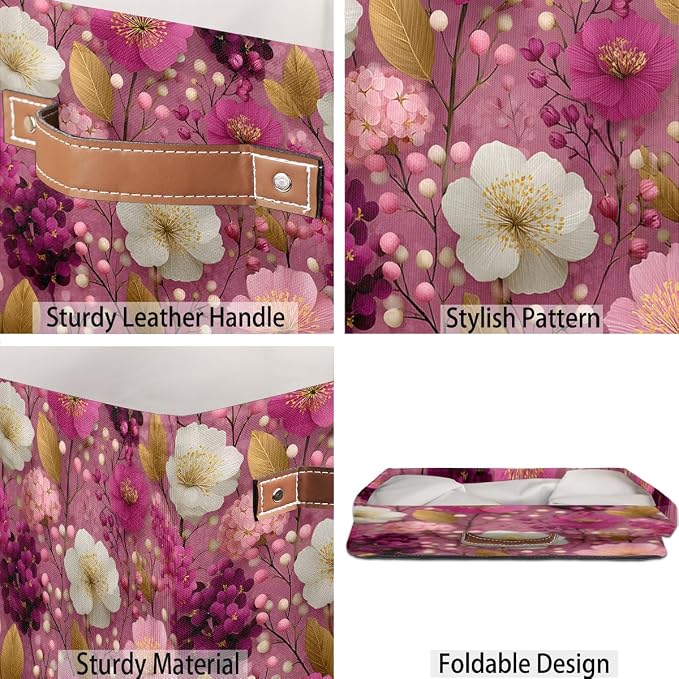 TropicalLife 13x13x13 Inch Large Fabric Storage Cube Pink Floral Print Foldable - Image 5