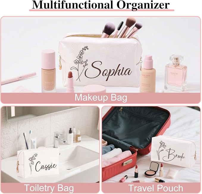Personalized Makeup Bag with Name & Birth Flower, Custom Leather Cosmetic Bags - Image 4