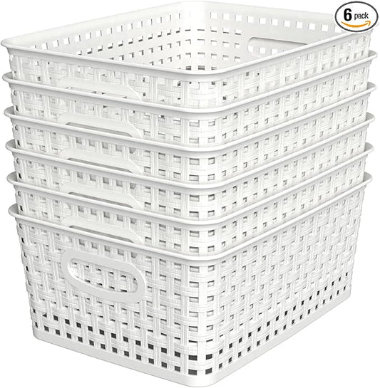 WYT Woven Plastic Storage Baskets, 6 Pack White Weave Bins Organizer, 10.1" x by WYT