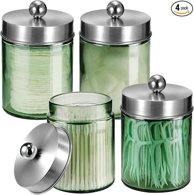 Amolliar Sage Green Qtip Holder, Glass Apothecary Jar Metal Lid & Sticker by Amolliar
