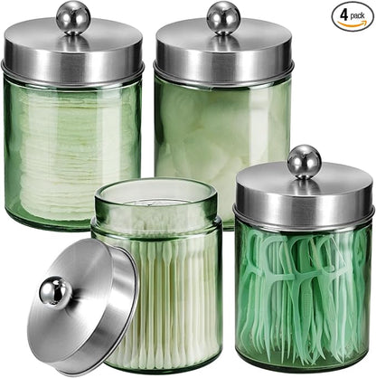 Amolliar Sage Green Qtip Holder, Glass Apothecary Jar Metal Lid & Sticker by Amolliar