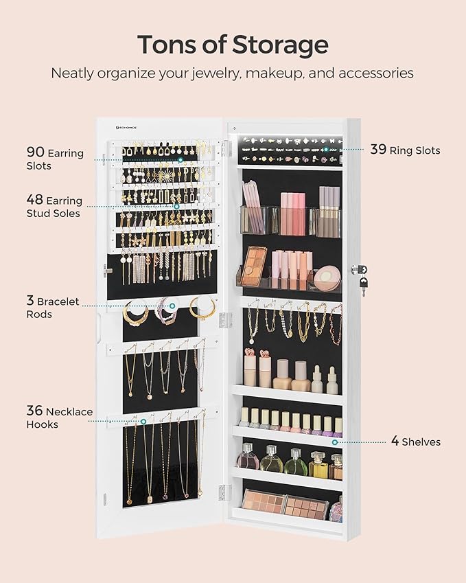 SONGMICS LED Mirror Jewelry Cabinet Armoire, Wall or Door Mounted Jewelry - Image 4