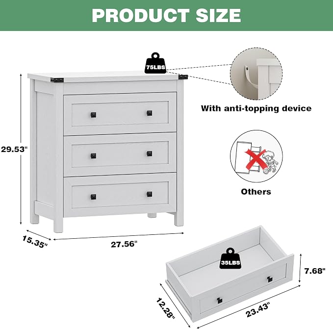 Dresser for Bedroom with 3 Drawers, Small Chests of Drawers, 27.55" Wide - Image 2