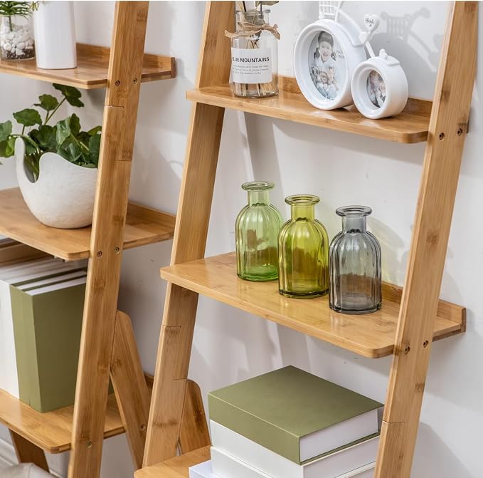 Maydear Bamboo Ladder Shelf Bookcase, 5-Tier Leaning Bookshelf Free Standing - Image 7
