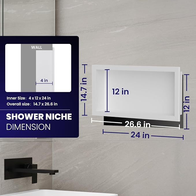 12" x 24" Stainless Steel Shower Niche, Single Waterproof Shelves, No-Tile - Image 3
