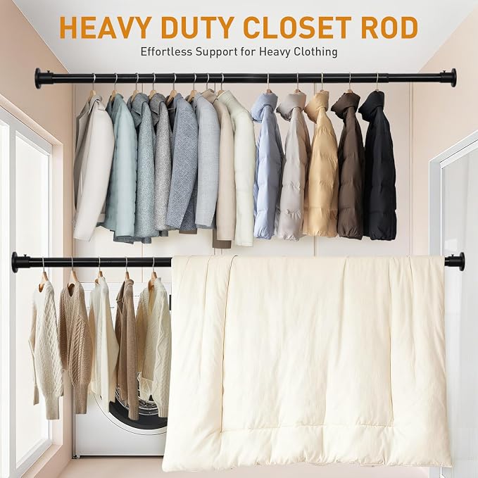 Black Adjustable Closet Rod 18-77 Inches, Heavy Duty Metal Clothes Hanging Rod - Image 3