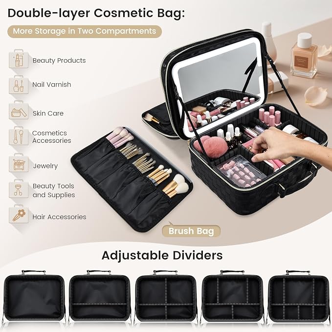 Makeup Bag with LED Lighted Mirror 12.2 IN Travel Double Layer Makeup Case - Image 6