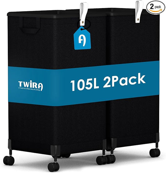 2Pcs Laundry Basket with Wheels 105L, Large Rolling Laundry Hamper with by TWIRA