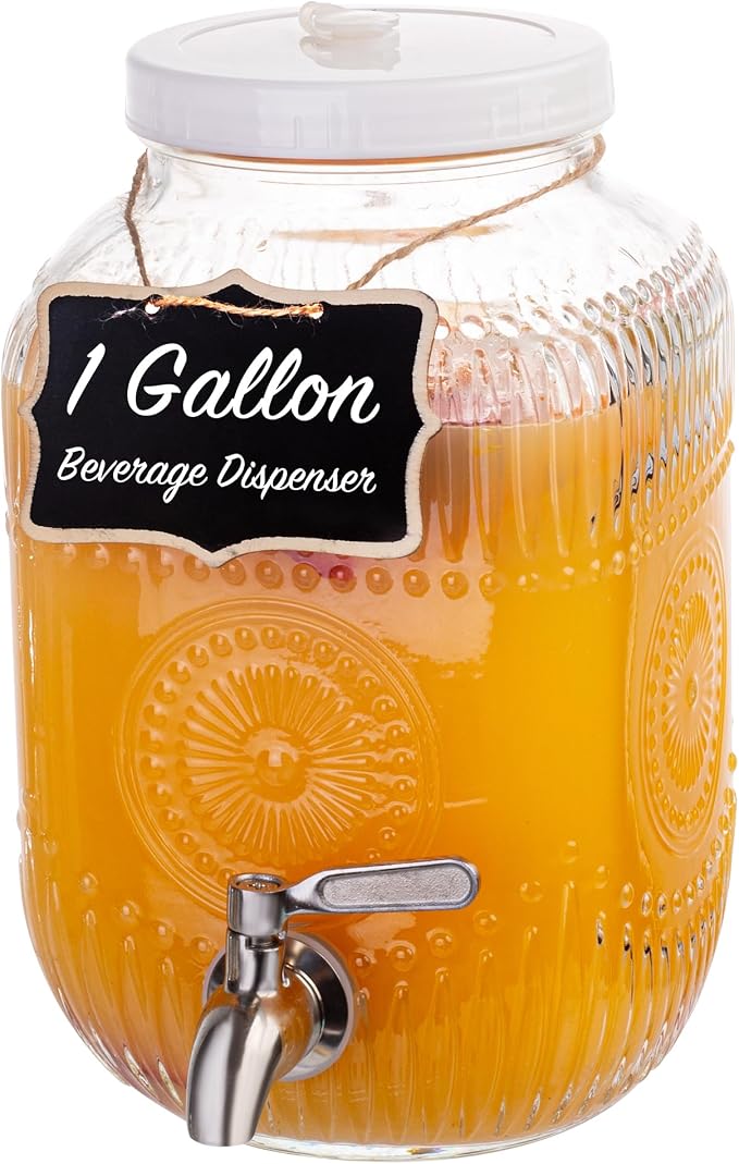 Amzcku 1 Gallon Glass Beverage Dispenser, 18/8 Stainless Steel Spigot and Lid by Amzcku