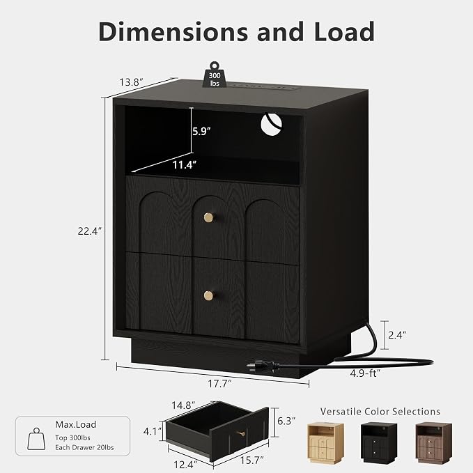 Nightstand with Charging Station, Modern Nightstand with Arched Design - Image 2