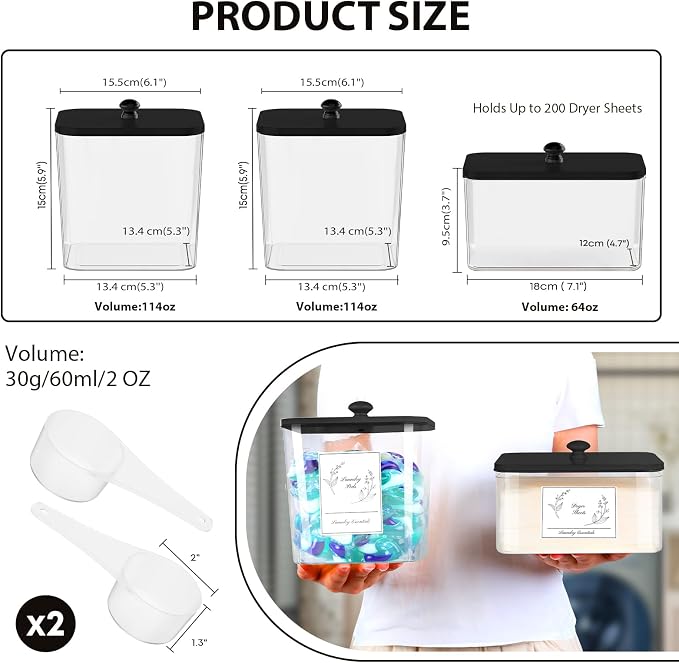 3 Pack Plastic Laundry Pods Container & Dryer Sheet Holder, Laundry Room - Image 2