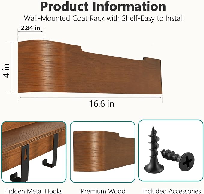 Coat Rack Wall Mount with Hidden Hooks Modern Key Holder Wood Entryway Hook - Image 3