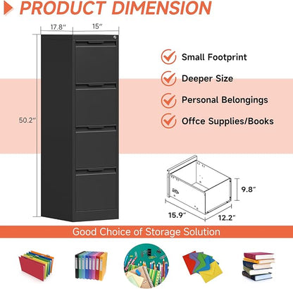 4 Drawer File Cabinet with Lock, 17.8" Deep Vertical Metal Filing Cabinet - Image 2