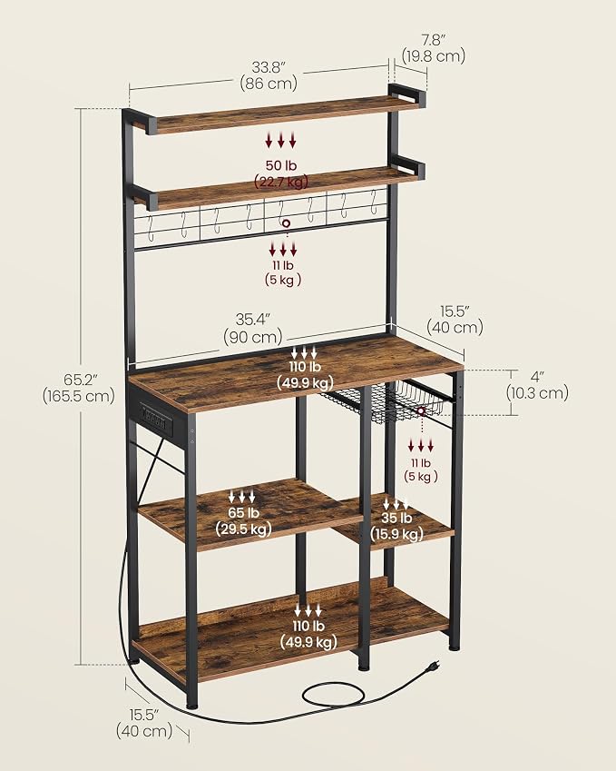 VASAGLE Bakers Rack with Power Outlet, 35.4 Inches Microwave Stand, Coffee Bar - Image 7
