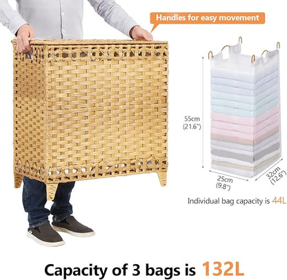 Laundry Hamper with 3 Removable Liner Bags; 132L Handwoven Rattan Laundry - Image 4