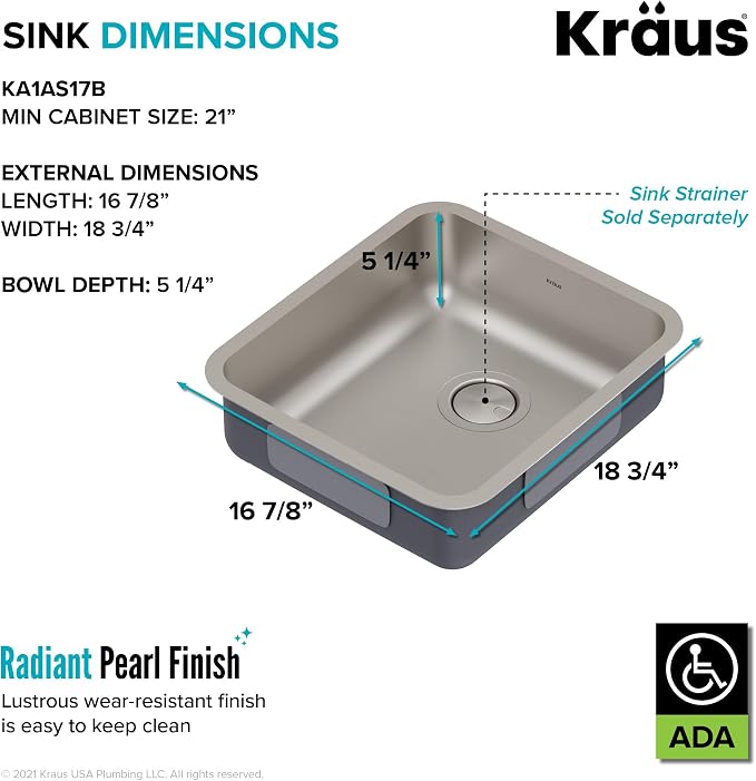 KRAUS Dex 17-inch Undermount 16 Gauge Stainless Steel Single Bowl ADA Kitchen - Image 7