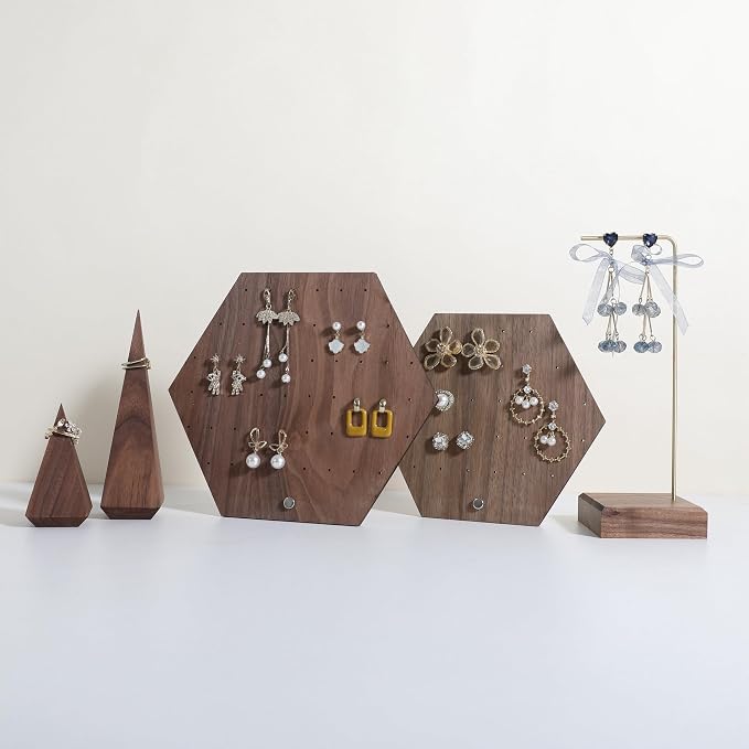 GemeShou Hexagonal Earring Organizer stand, Walnut Plywood Jewelry Display Board - Image 8