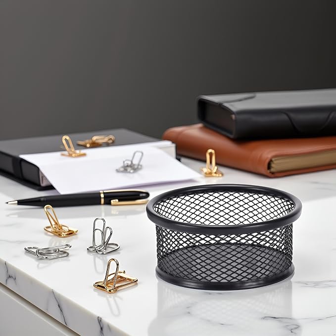 Black Metal Paper Clip Holder Mesh Paperclip Bowl Binder Clip Dispenser Desk - Image 4