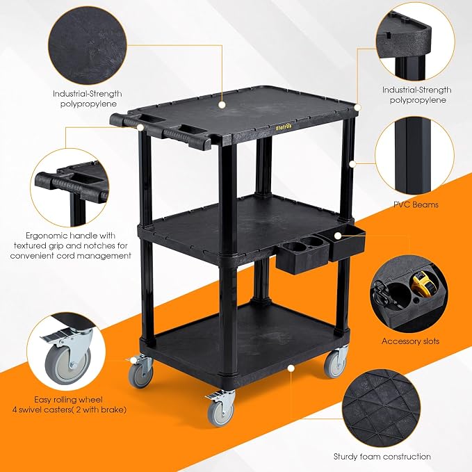 ELAFROS Heavy Duty Utility Cart, 27.5 x 18.25 Inch, 3-Tier Rolling Cart - Image 3