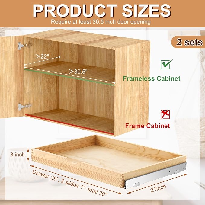 Menkxi 2 Set Pull out Tray Cabinet Organizer Wooden Pull Drawers storage Slide - Image 2