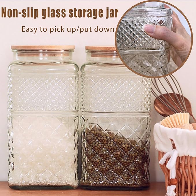 Viovian Large Glass Jar with Wood Lid and Spoon 60 OZ Square Thick Glass - Image 6