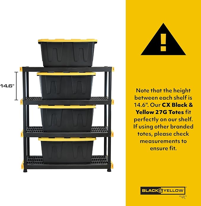 CX Black & Yellow, 4-Tier Heavy Duty Plastic Storage Shelving Unit, 200lbs/shelf - Image 3