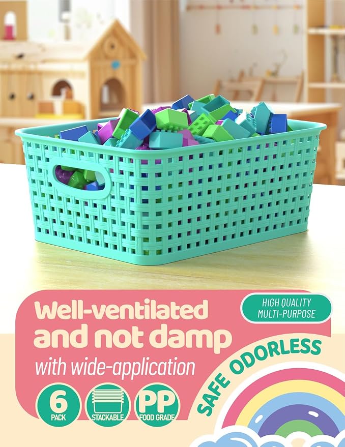 WYT 6-Pack Plastic Small Shelf Storage Weave Baskets Organizing - Image 4