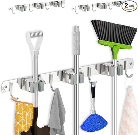 2 Pack Broom Holder Wall Mount 3 Racks 4 Hooks Stainless Steel Broom Mop Holder by TKSDWBLTY