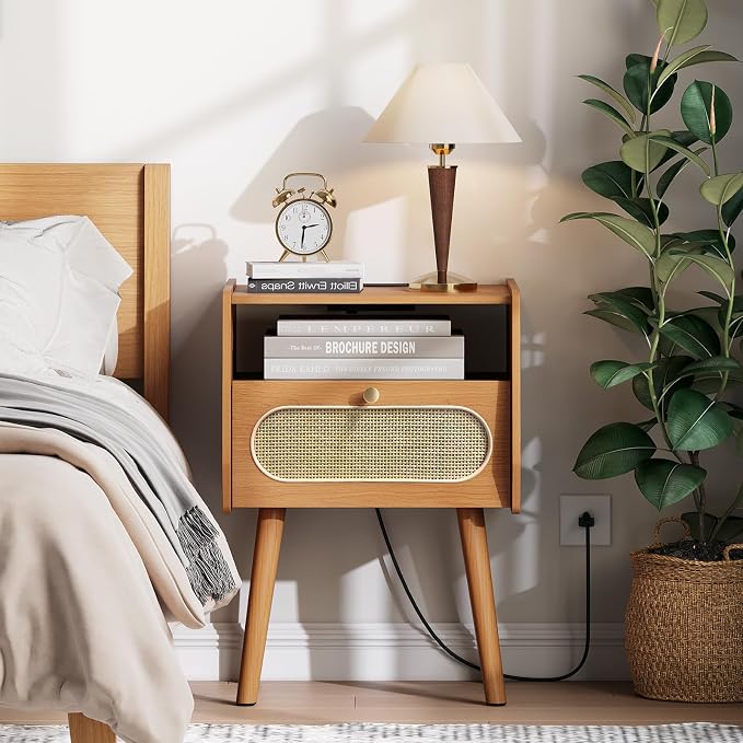 Night Stand Set 2, Mid Century Modern Nightstands, Rattan Bedside Table - Image 7