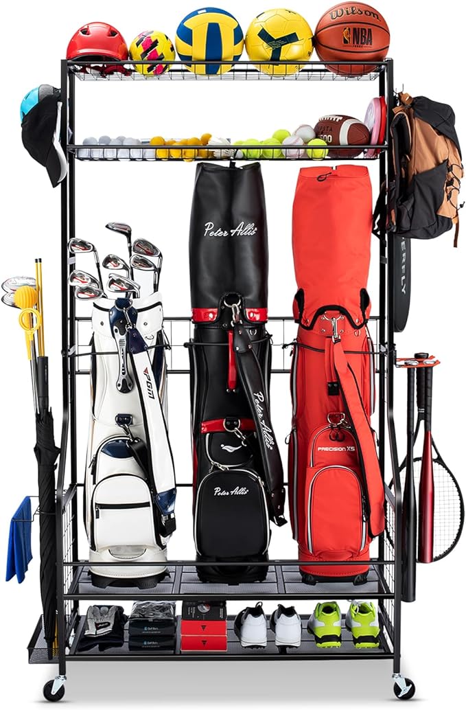 Golf Bag Storage Garage Organizer, 3 Golf Bag Stand and Sports Equipment by FHXZH