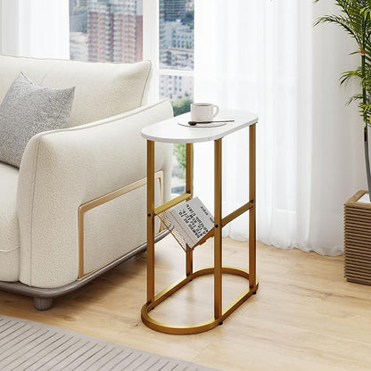 Tangkula Oval Narrow Side Table, 2-Tier End Table w/Mesh Magazine Rack - Image 2