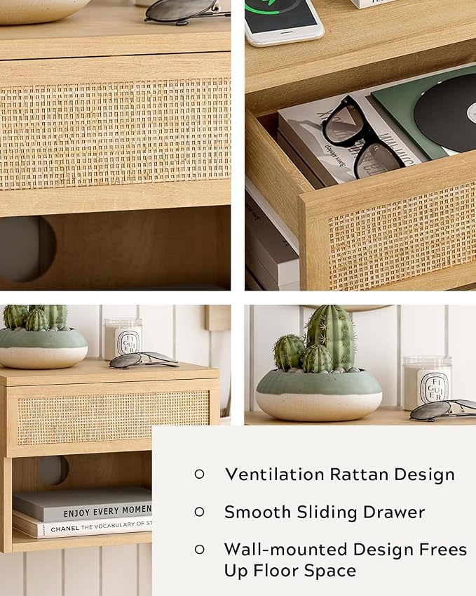 Rattan Floating TV Stands Set of 4, Wall Mounted Nightstands - Image 3